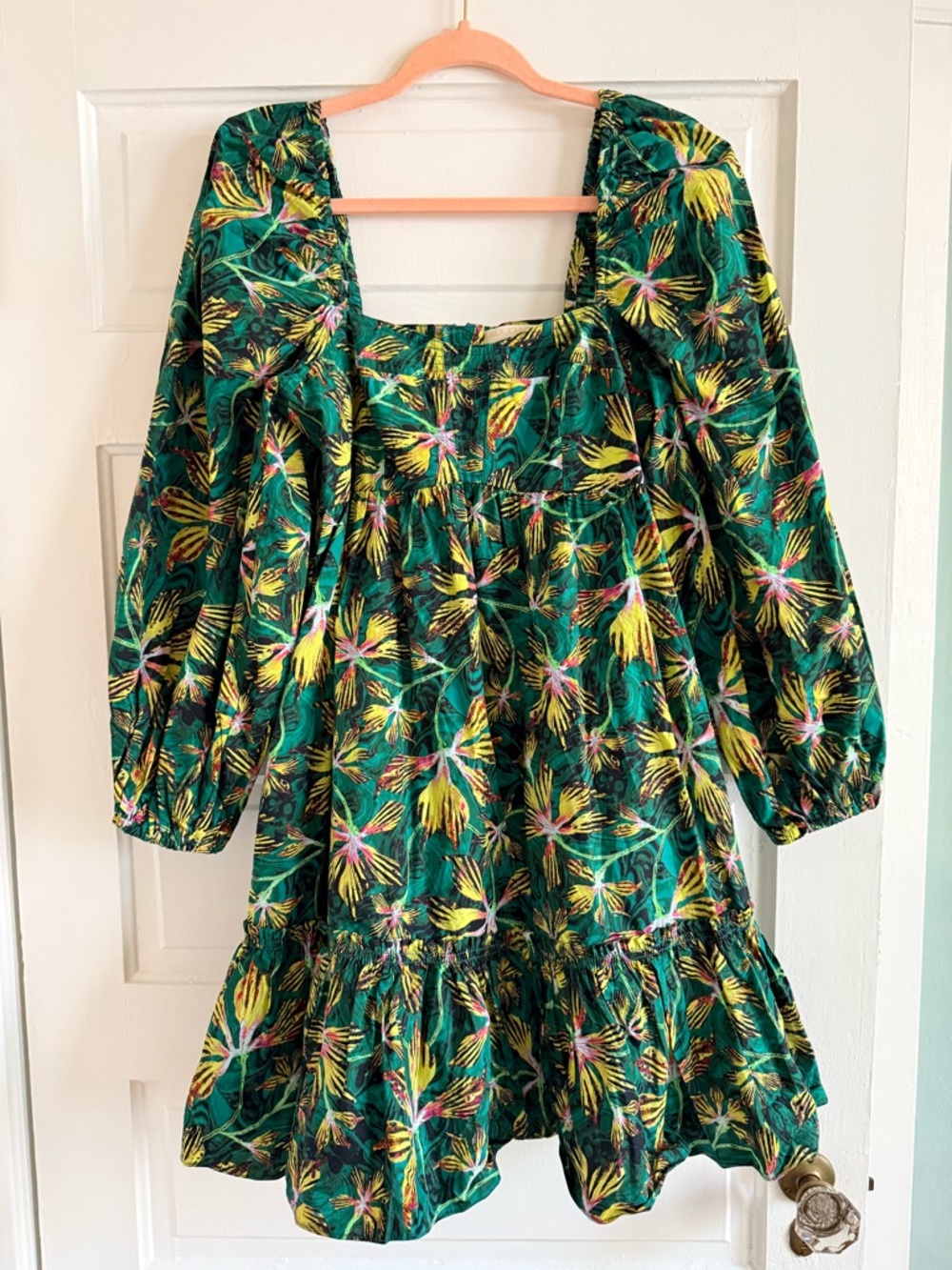 Ulla Johnson Green Floral Puff-Sleeve Mini Dress